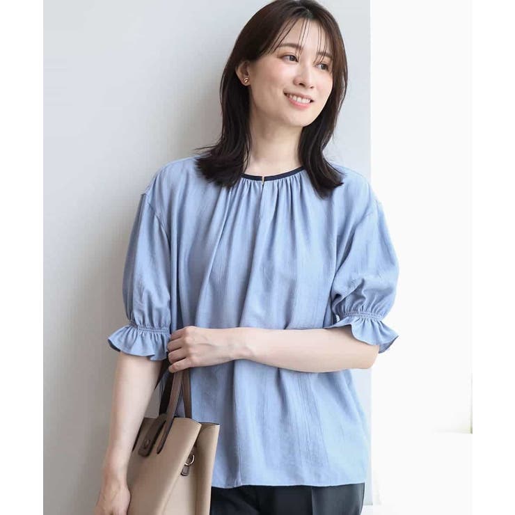 ライトブルー | 配色パイピング楊柳ブラウス/洗える/WEB限定サイズあり | OFUON