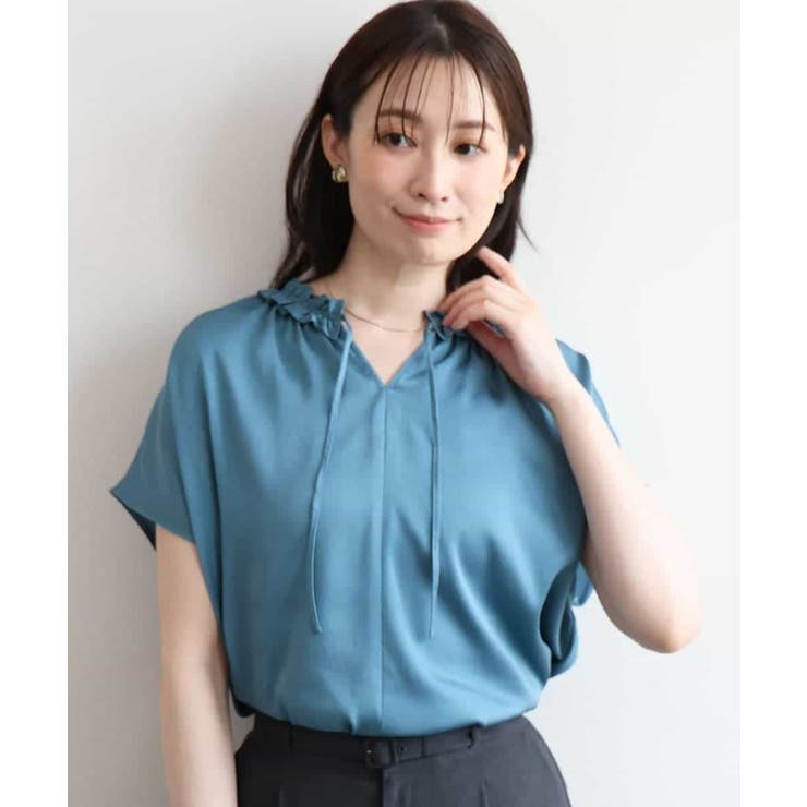 ターコイズグリーン | ギャザーフリルネックサテンブラウス/洗濯機で洗える/WEB限定サイズあり | OFUON