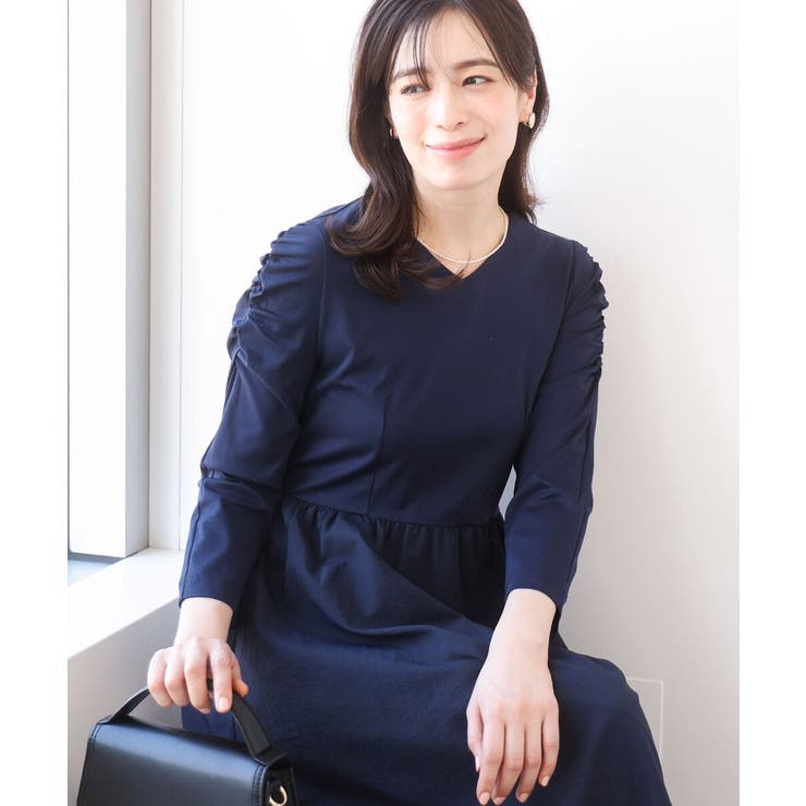 ネイビー | ギャザースリーブドッキングワンピース/洗える/WEB限定サイズあり | OFUON