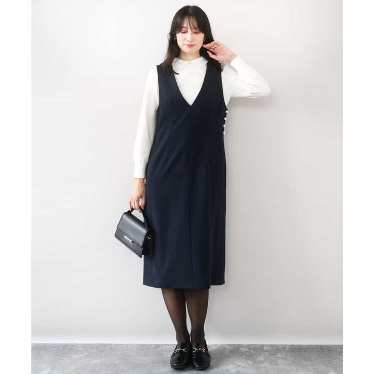 ネイビー | サイドパール調釦デザインVネックジャンパースカート 洗える WEB限定サイズあり | OFUON