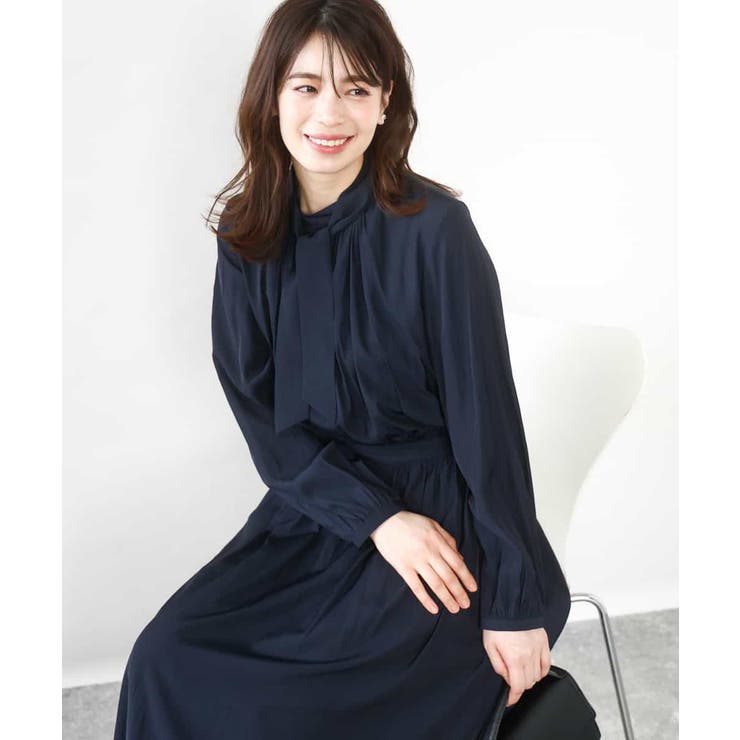 ネイビー | パウダーサテン ボウタイワンピース/洗える/WEB限定サイズあり | OFUON