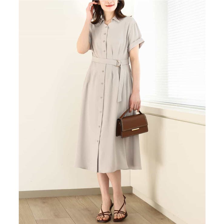 グレージュ | スキッパーネックシャツワンピース/洗える/WEB限定サイズあり | OFUON