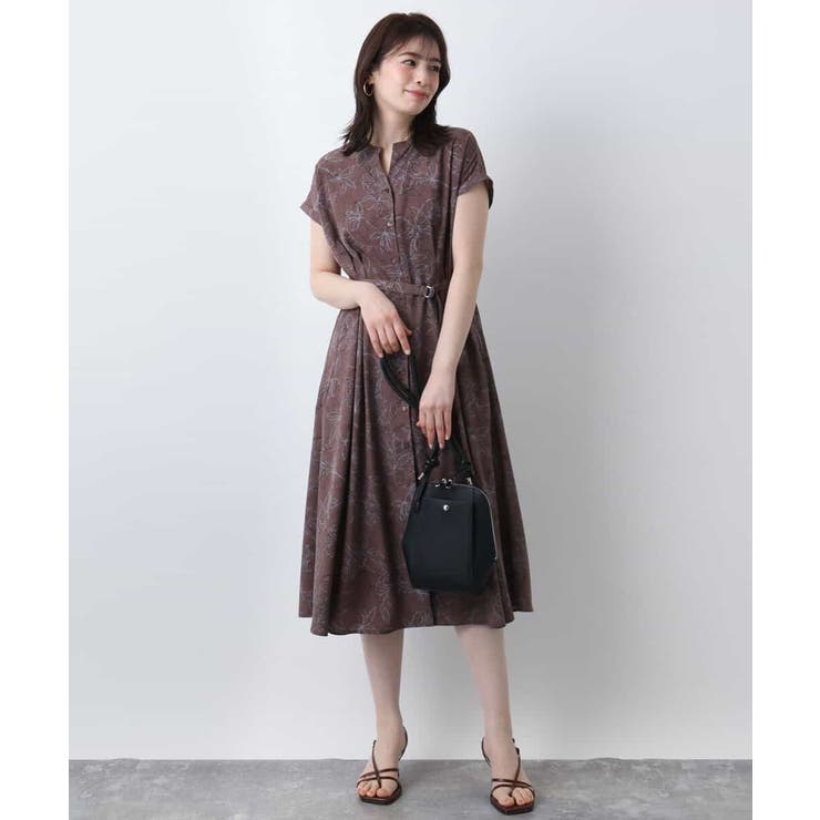 ブラウン | ラインフラワープリントワンピース/洗える/WEB限定サイズあり | OFUON