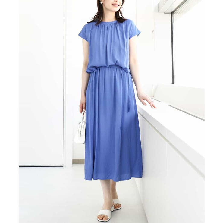 ブルー | リネンライクウエスト切り替えワンピース/洗える/WEB限定 | OFUON