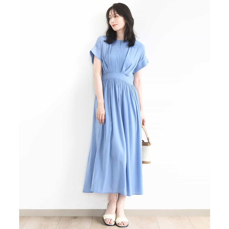 ブルー | ウエスト切り替えキーネックワンピース/洗える/WEB限定 | OFUON