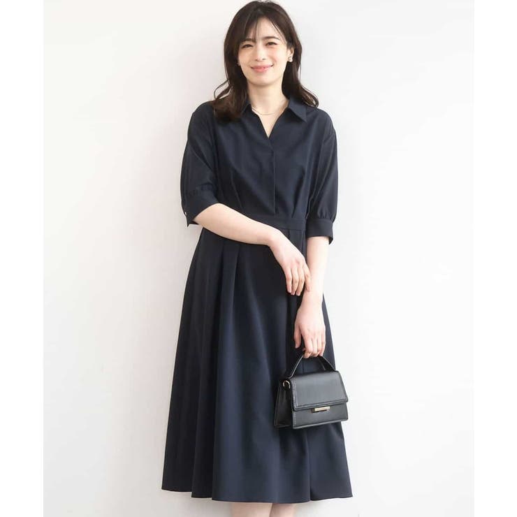 ネイビー | 六分袖スキッパーワンピース/UVカット/洗濯機で洗える/WEB限定サイズあり | OFUON