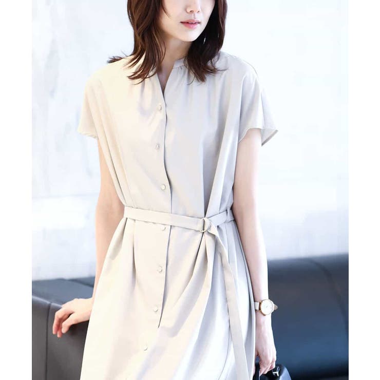 ベージュ | リボンベルト付きシャツワンピース/2way仕様/洗える/WEB限定サイズ | OFUON