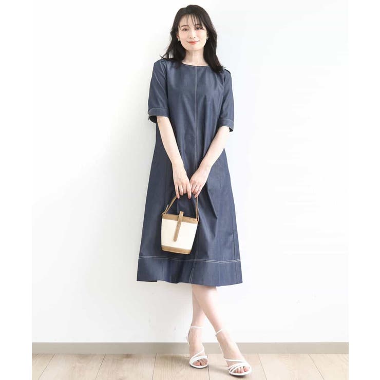 配色ステッチデニムライクワンピース/UVカット/洗える/WEB限定