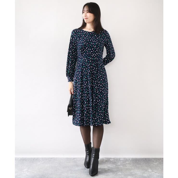 ネイビー | 総柄ウエスト切り替えワンピース/洗える/WEB限定サイズあり | OFUON