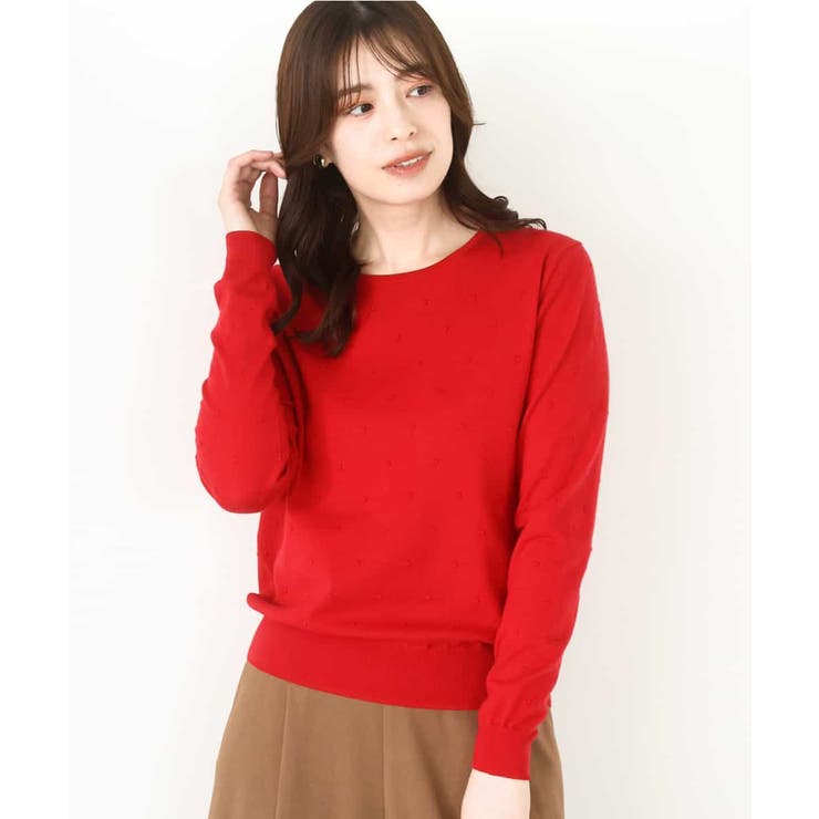 レッド | ドット柄コンパクトニットプルオーバー/洗える/WEB限定サイズあり | OFUON