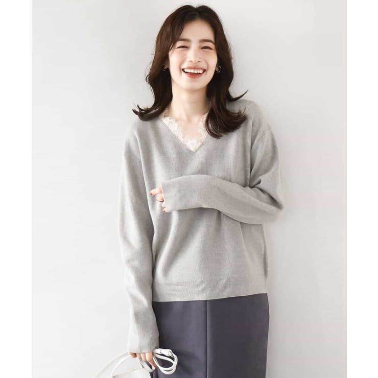 Vネックレース片畦編みニット/洗える/WEB限定サイズあり | OFUON | 詳細画像2 