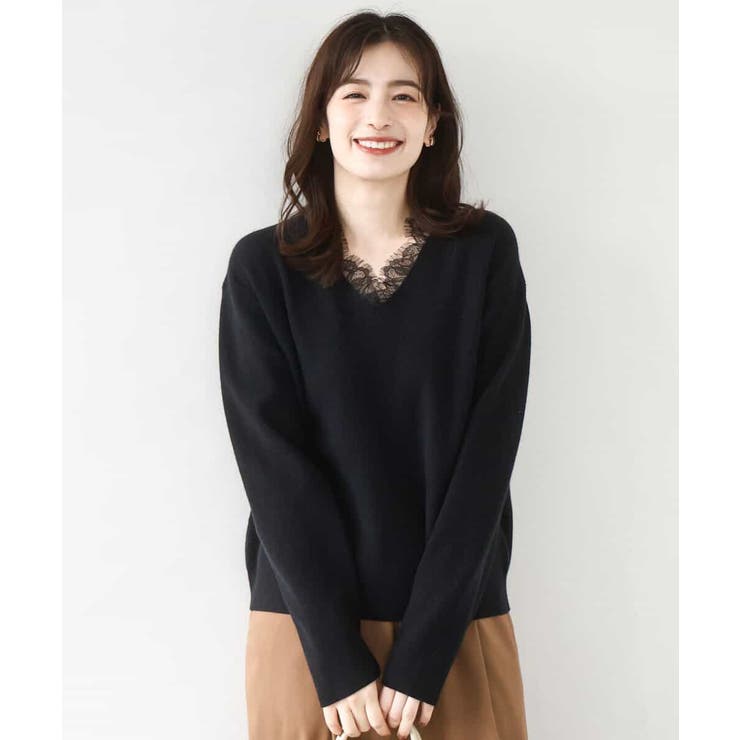 ブラック | Vネックレース片畦編みニット/洗える/WEB限定サイズあり | OFUON