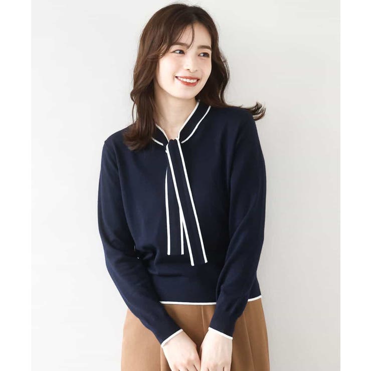 ネイビー | 配色ラインボウタイニット/洗える/WEB限定サイズあり | OFUON