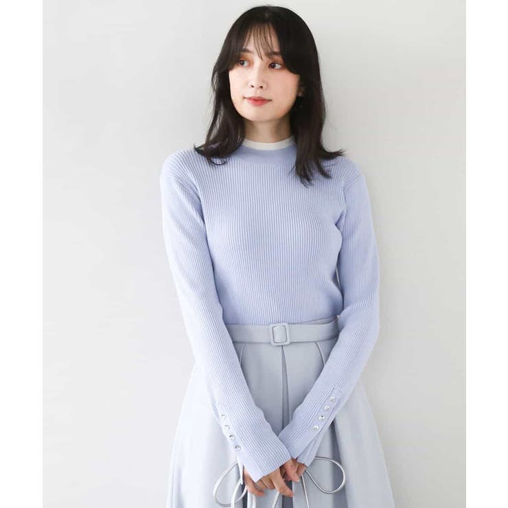 グレイッシュブルー | シアー切替えモックネックリブニット/洗える/WEB限定サイズあり | OFUON