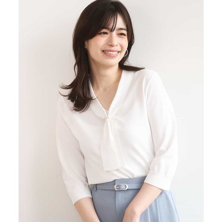 ホワイト | ボウタイデザイン六分袖ニット/接触冷感/洗える/WEB限定サイズあり | OFUON