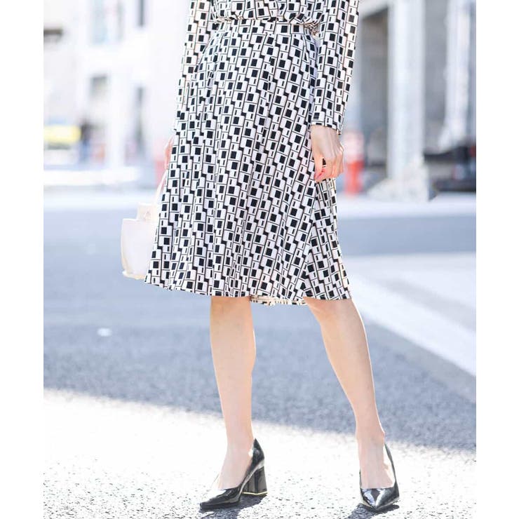 ブラック | スクエア幾何柄ジャージスカート/洗える | OFUON