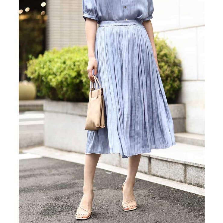 ライトブルー | サテンプリーツ加工フレアースカート/洗える | OFUON