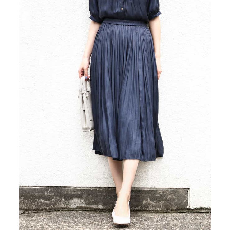 ネイビー | サテンプリーツ加工フレアースカート/洗える | OFUON