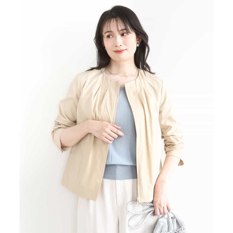 ベージュ | ナイロンストレッチノーカラーブルゾン/洗える/WEB限定サイズあり | OFUON