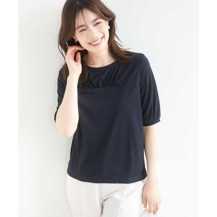 ネイビー | ギャザーデザインカットソー/接触冷感・UVカット/洗える/WEB限定サイズあり | OFUON