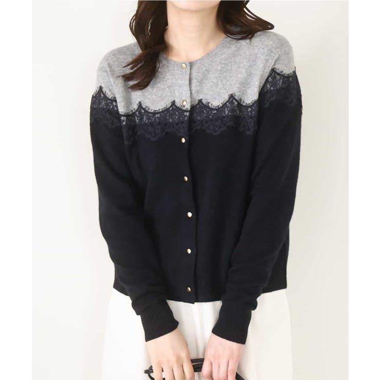 ネイビー | スカラップレース配色ニットカーディガン/洗える/WEB限定サイズあり | OFUON