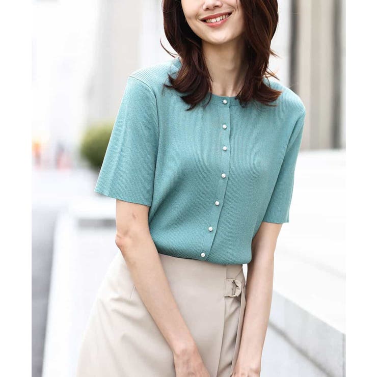 グリーン | パール調釦デザイン五分袖ニットカーディガン/洗える | OFUON