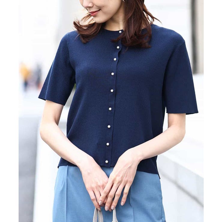 ネイビー | パール調釦デザイン五分袖ニットカーディガン/洗える | OFUON