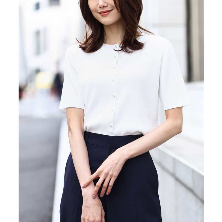 ホワイト | パール調釦デザイン五分袖ニットカーディガン/洗える | OFUON