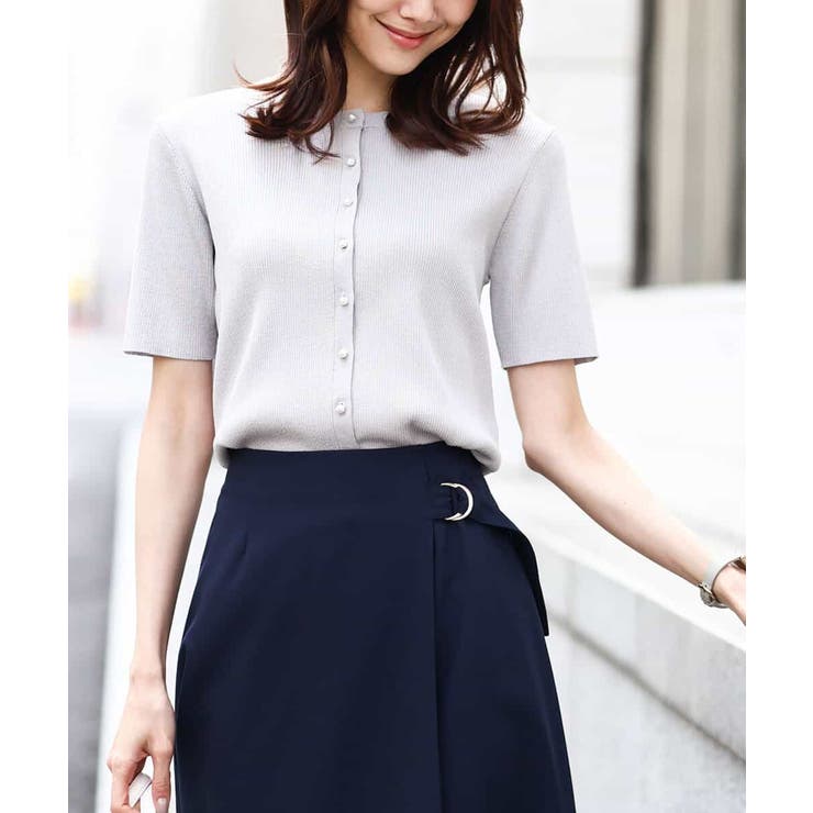 ライトグレー | パール調釦デザイン五分袖ニットカーディガン/洗える | OFUON