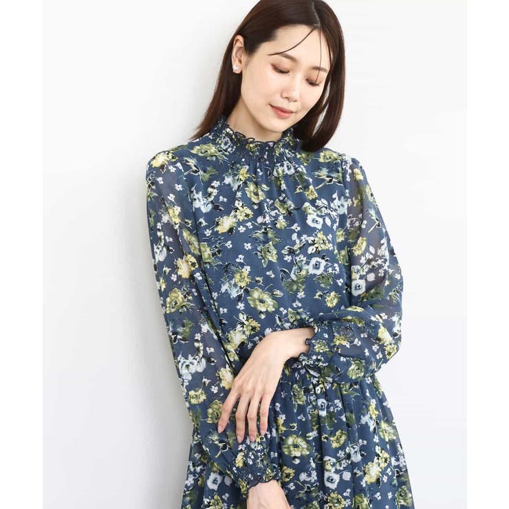 ブルーグリーン | クラシックフラワープリント シフォンブラウス/洗える | MK MICHEL KLEIN