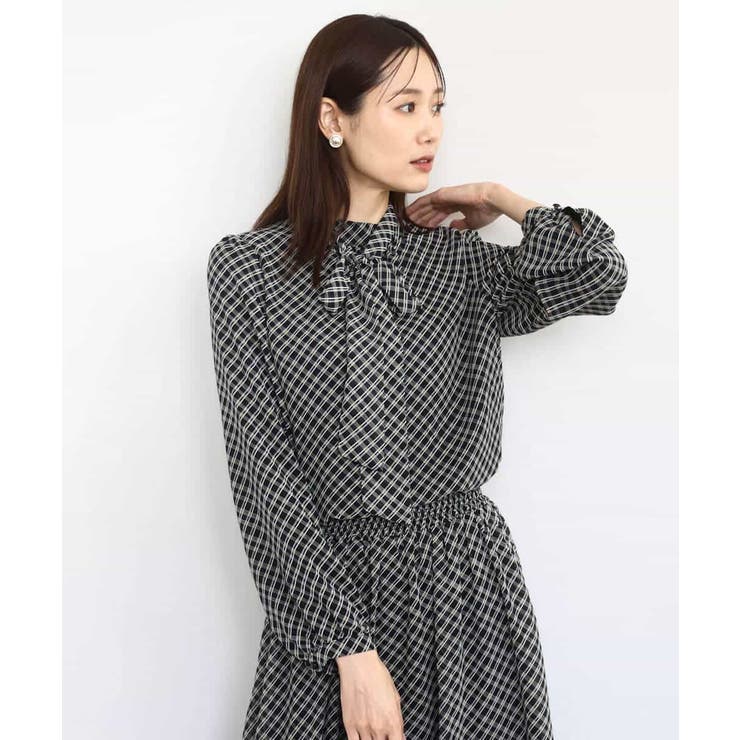 チェック柄ボウタイシフォンブラウス/洗える | MK MICHEL KLEIN | 詳細画像2 