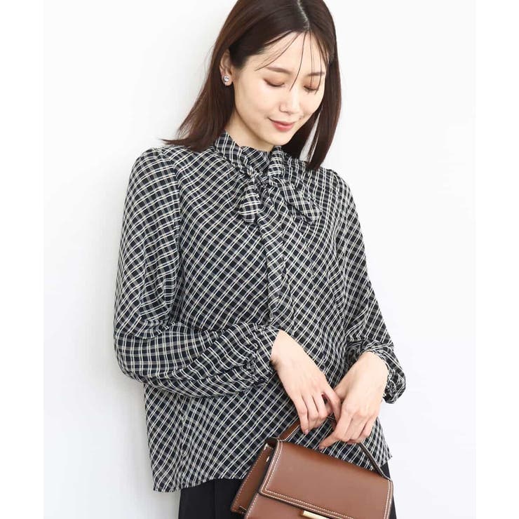 ブラック | チェック柄ボウタイシフォンブラウス/洗える | MK MICHEL KLEIN