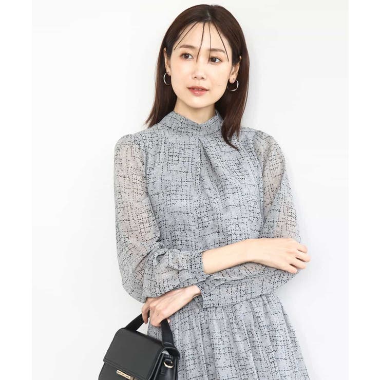 グレー | ツイード調チェックプリント シフォンブラウス/洗える | MK MICHEL KLEIN