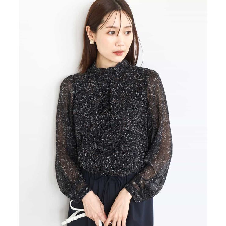 ブラック | ツイード調チェックプリント シフォンブラウス/洗える | MK MICHEL KLEIN