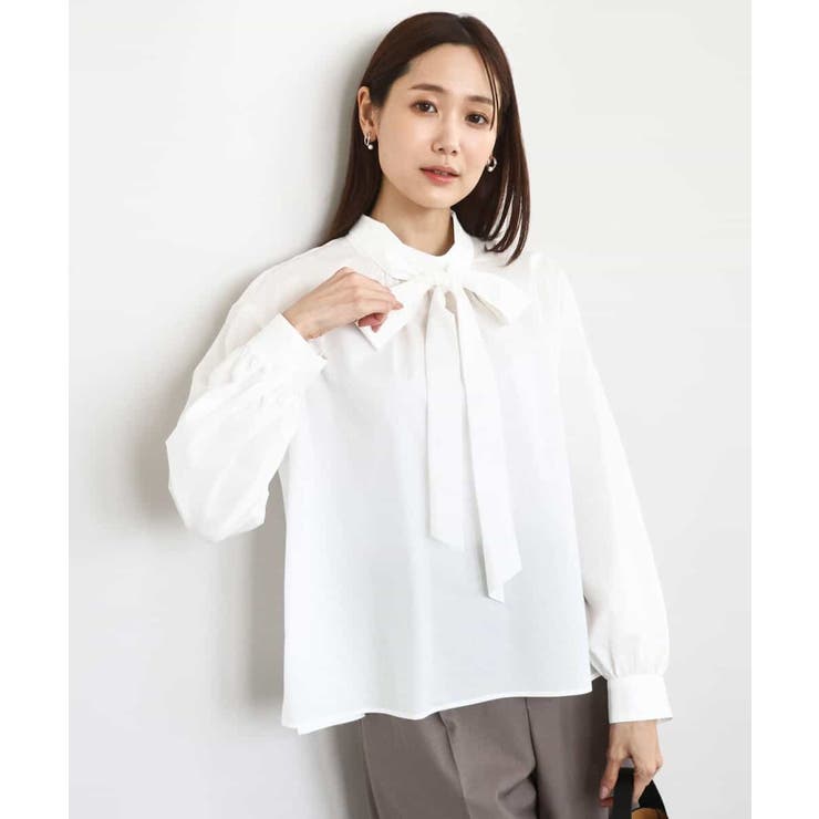 ホワイト | ボウタイ付きスタンドネックコットンブラウス/洗える | MK MICHEL KLEIN