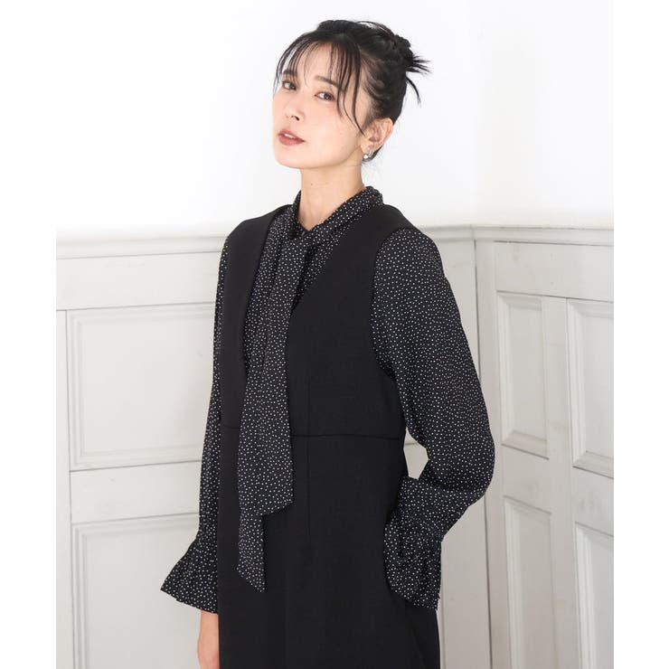 ブラック（ドット柄） | パウダーサテン ボウタイブラウス/洗える | MK MICHEL KLEIN