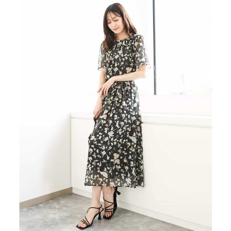 フレアースリーブ花柄シフォンブラウス/洗える[品番