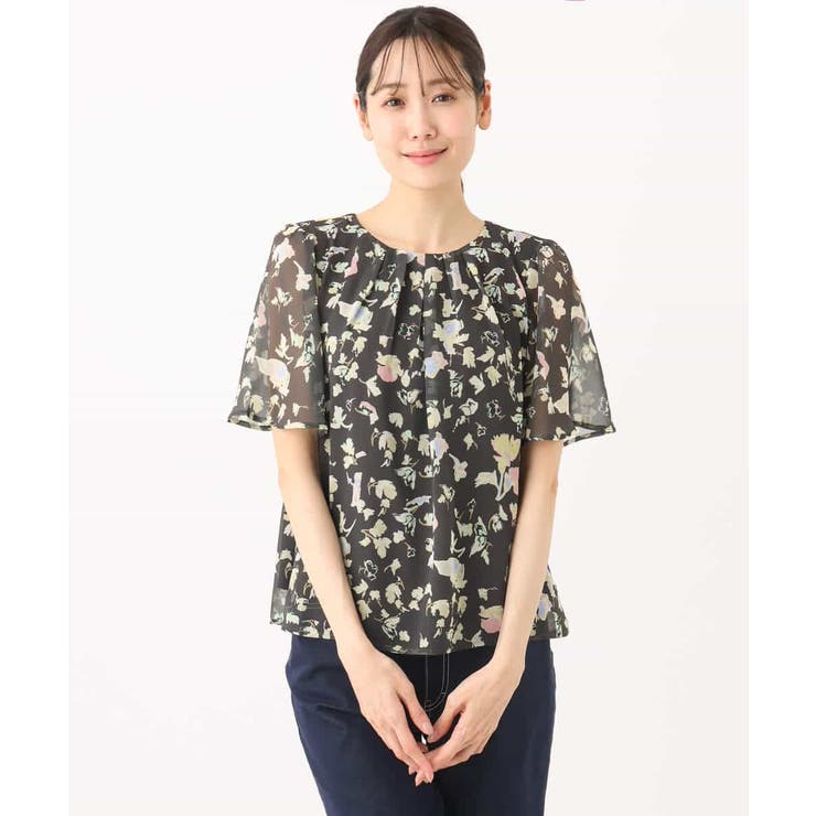 フレアースリーブ花柄シフォンブラウス/洗える[品番