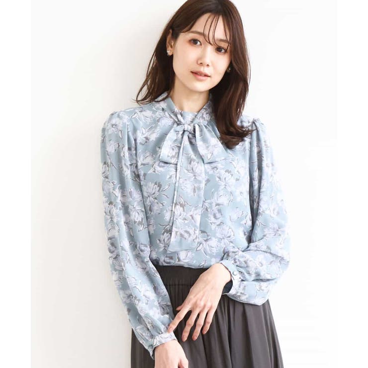 ミントブルー | ボウタイ付き花柄シフォンブラウス/洗える | MK MICHEL KLEIN