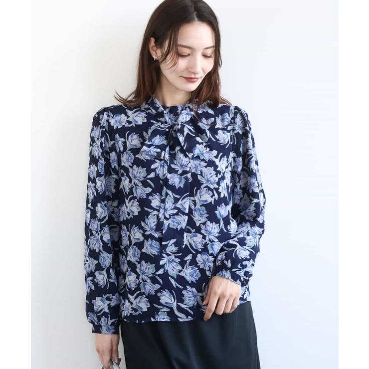 ネイビー | ボウタイ付き花柄シフォンブラウス/洗える | MK MICHEL KLEIN