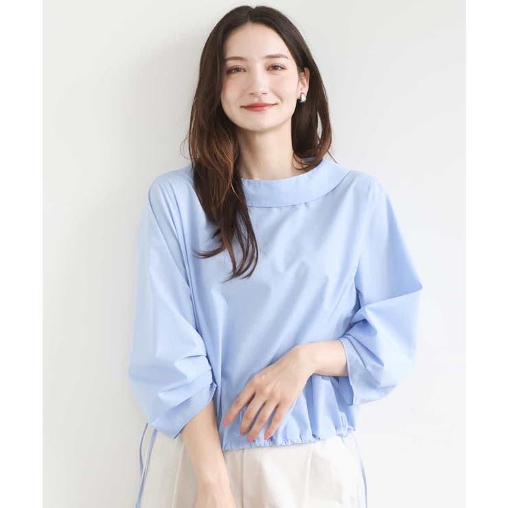 ライトブルー（無地） | ロールネック ギャザースリーブブラウス/接触冷感/洗える | MK MICHEL KLEIN
