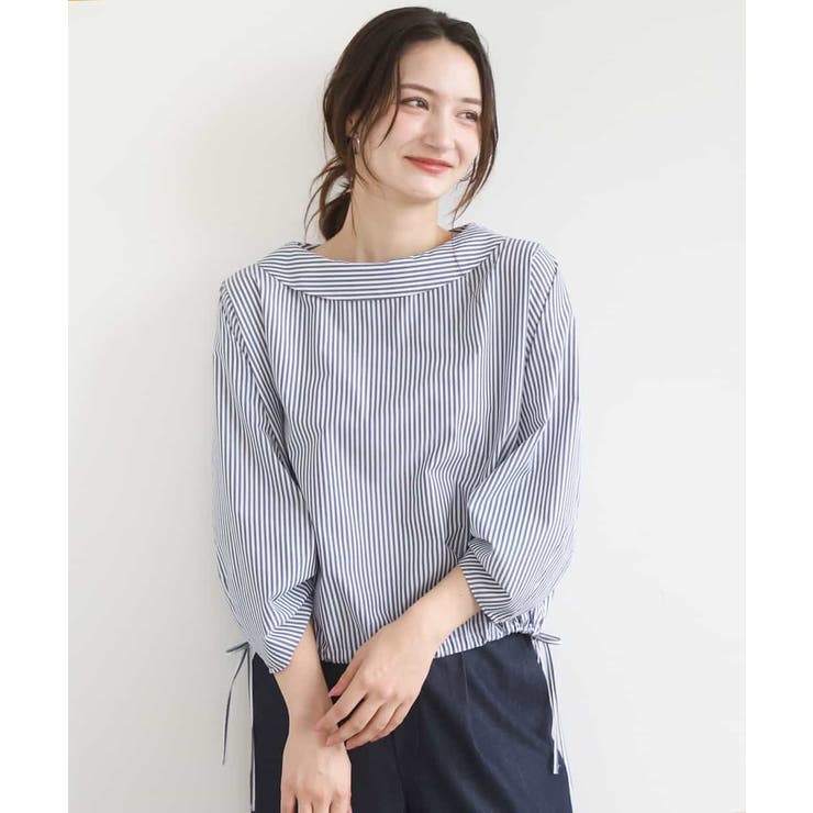 ネイビー（ストライプ） | ロールネック ギャザースリーブブラウス/接触冷感/洗える | MK MICHEL KLEIN