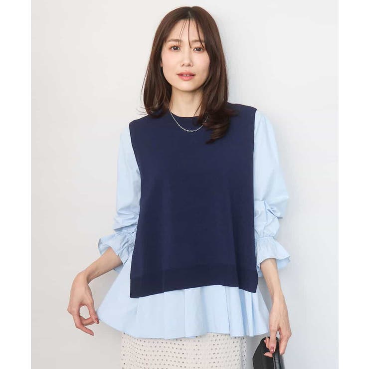 ネイビー | キャンディースリーブブラウス×ニットベスト ツインセット/洗える | MK MICHEL KLEIN