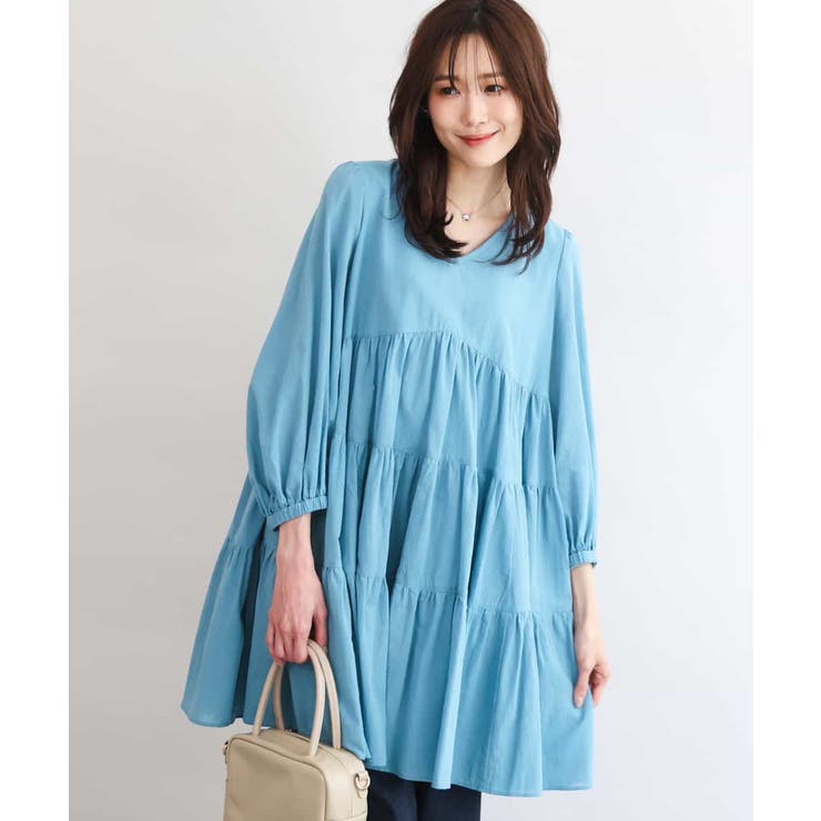 ブルー | Vネックコットンシフォンチュニックブラウス/洗える | MK MICHEL KLEIN