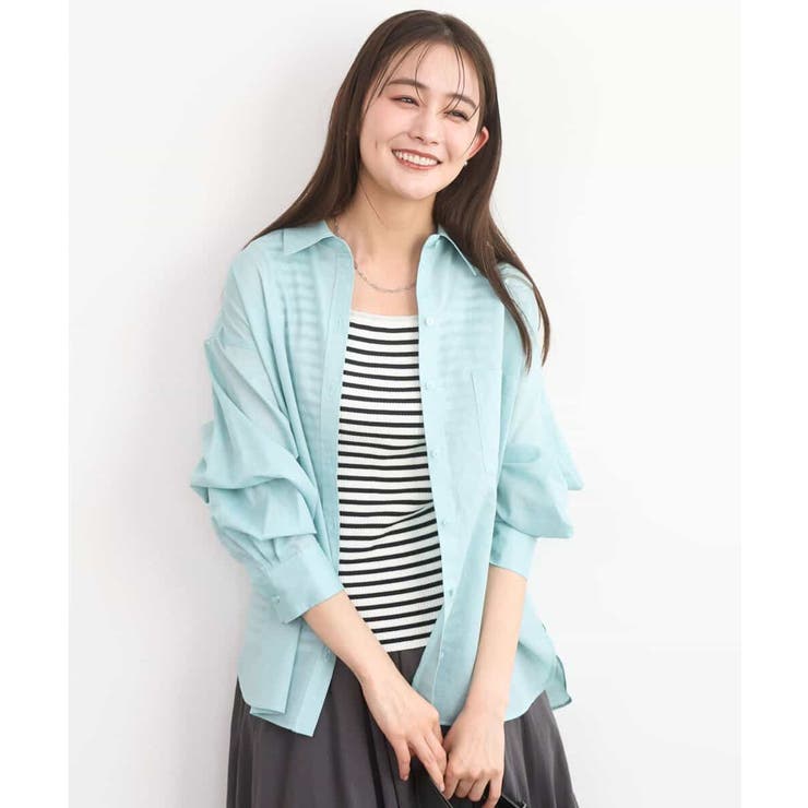 ライトブルー | リネン混カラーシャツブラウス/接触冷感/洗える | MK MICHEL KLEIN