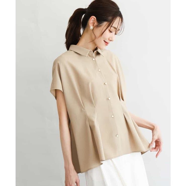 ベージュ | [洗える]リネンライクストレッチ ウエストタックデザイン衿付きブラウス | MK MICHEL KLEIN