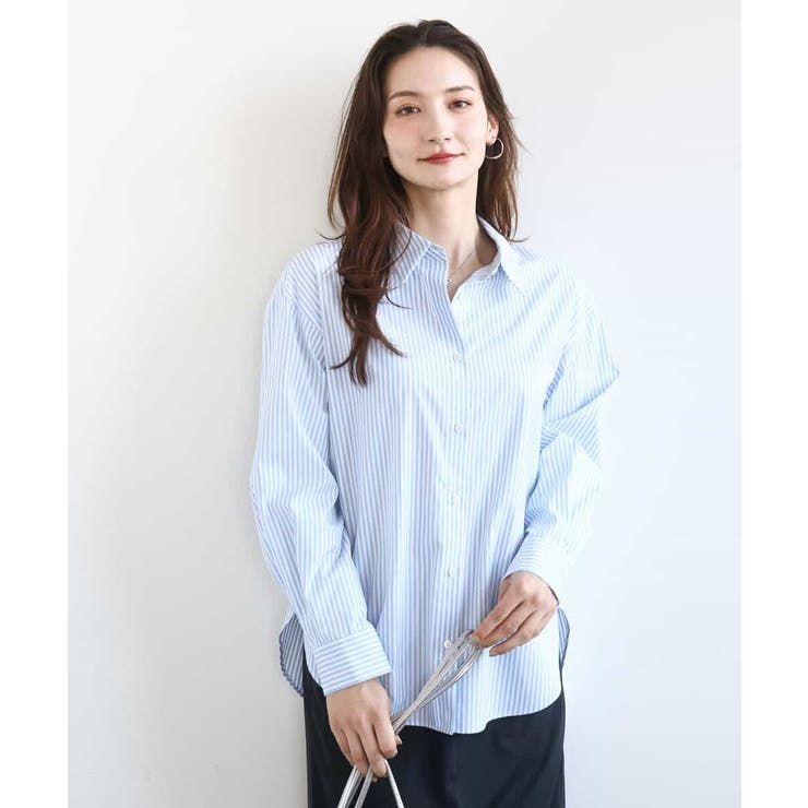 ライトブルー | コットン混ベーシックシャツ（ストライプ）/接触冷感/防シワ/洗える | MK MICHEL KLEIN
