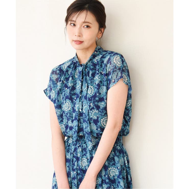 ネイビー | [洗える]前後2way/更紗プリント花柄シフォンブラウス | MK MICHEL KLEIN