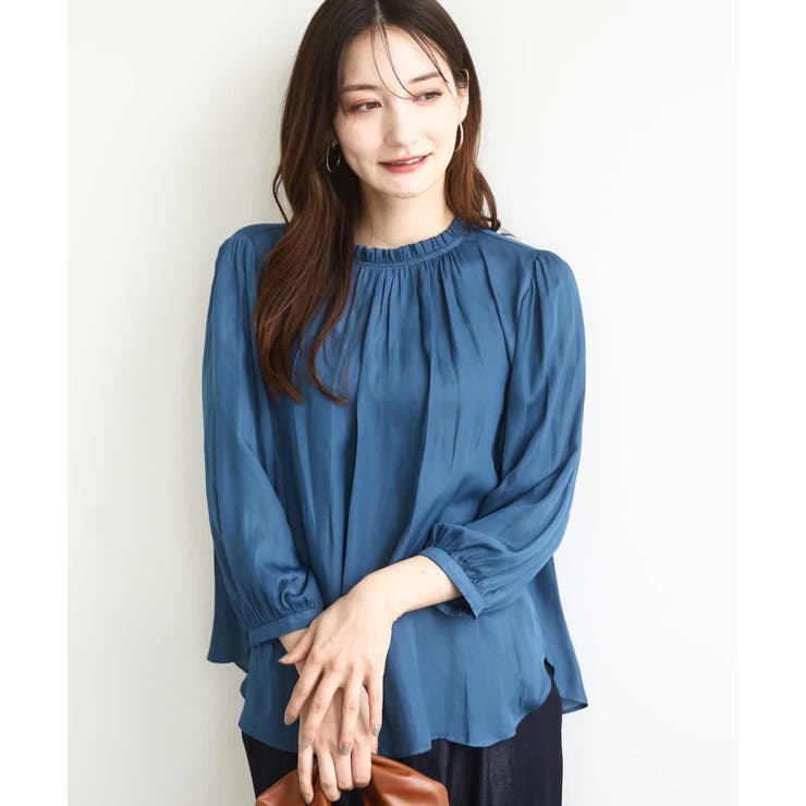 ブルーグリーン | フリルギャザーネックサテンブラウス/接触冷感/洗える | MK MICHEL KLEIN