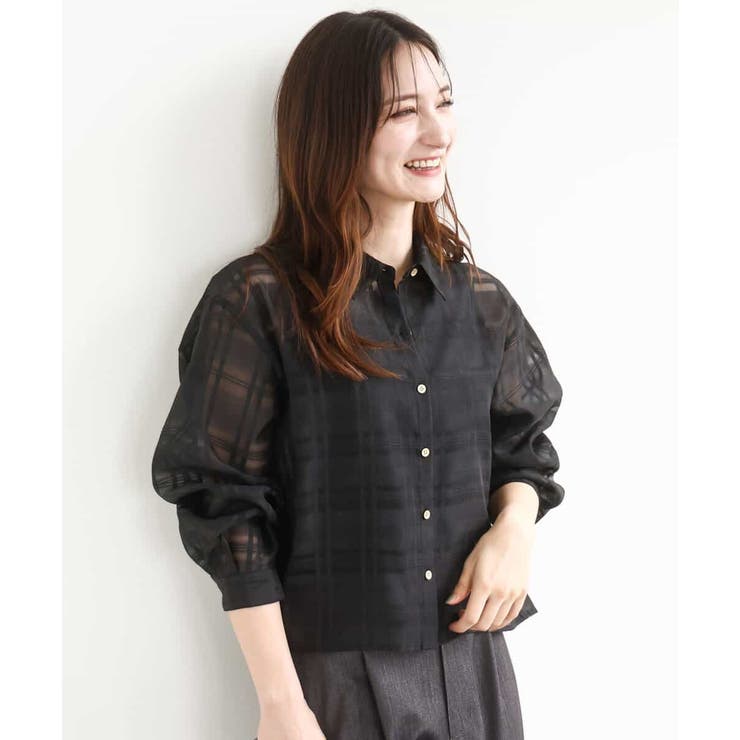 ブラック | シアードビーチェックシャツブラウス/洗える | MK MICHEL KLEIN